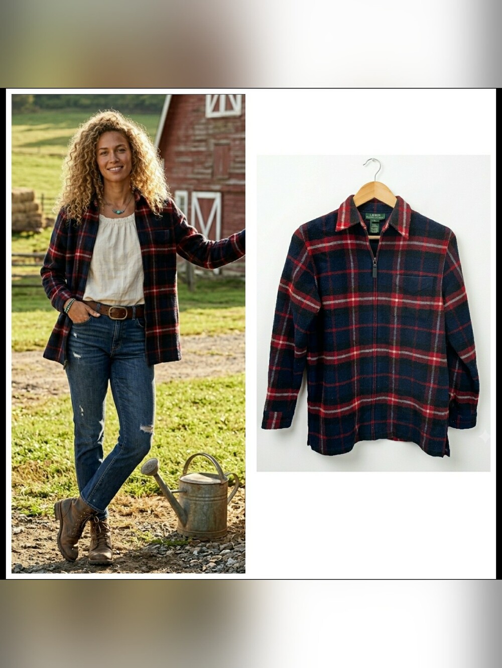 Vintage Lauren Flannel Plaid Chore Barn Shacket Utility Zip Front Wool Jacket